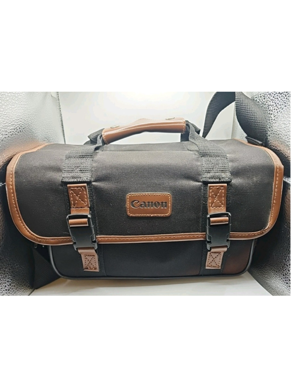 Vtg Canon Camera Bag Case Black Canvas With Brown Leather Accents Handle Strap